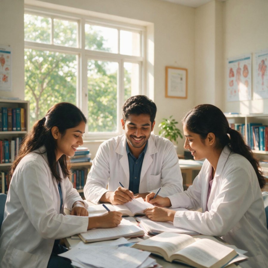 Three young Indian doctors working through study material together