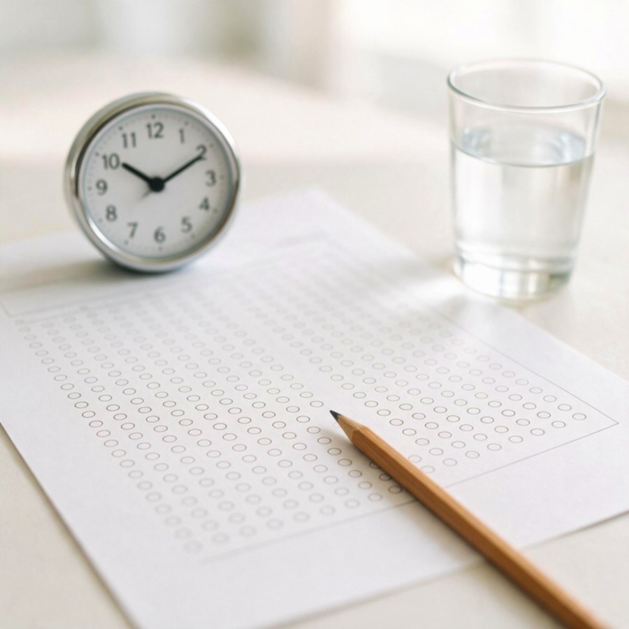 An answer sheet, pencil and clock set up for a practice exam