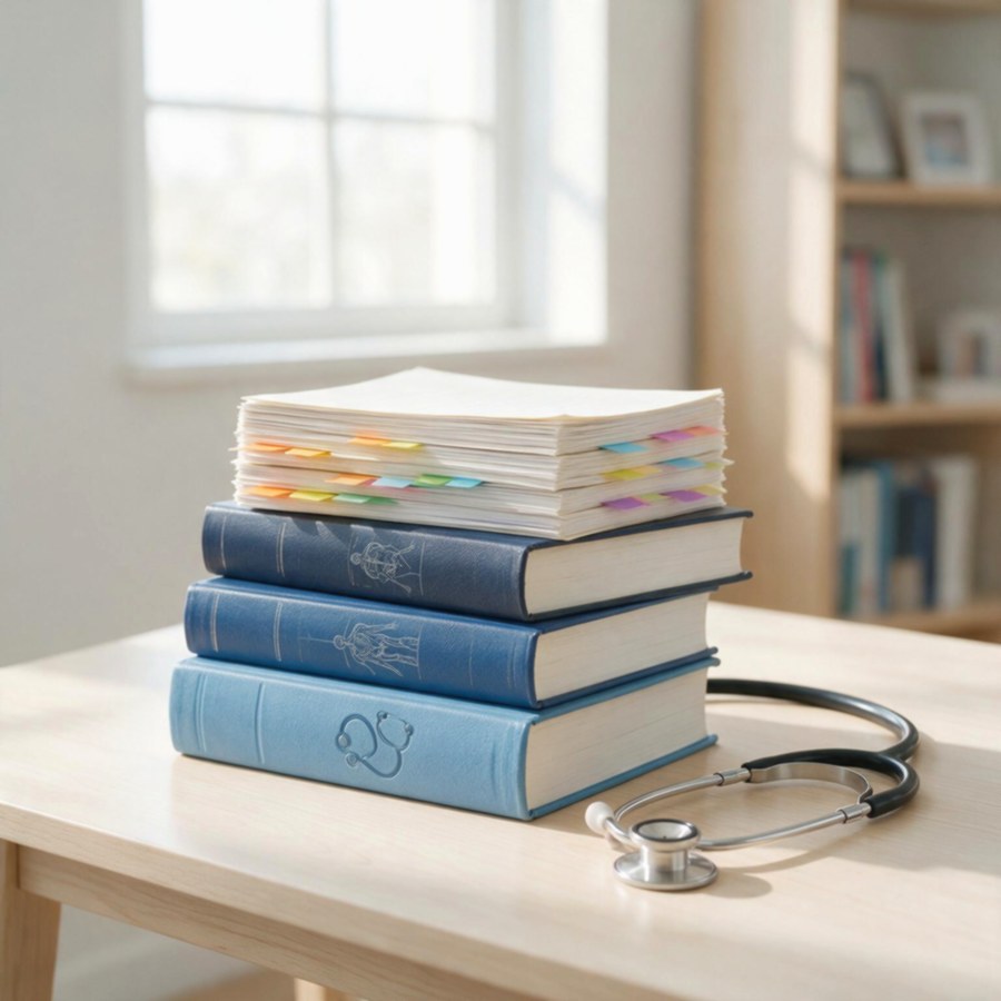 Medical textbooks and tabbed study notes on a desk